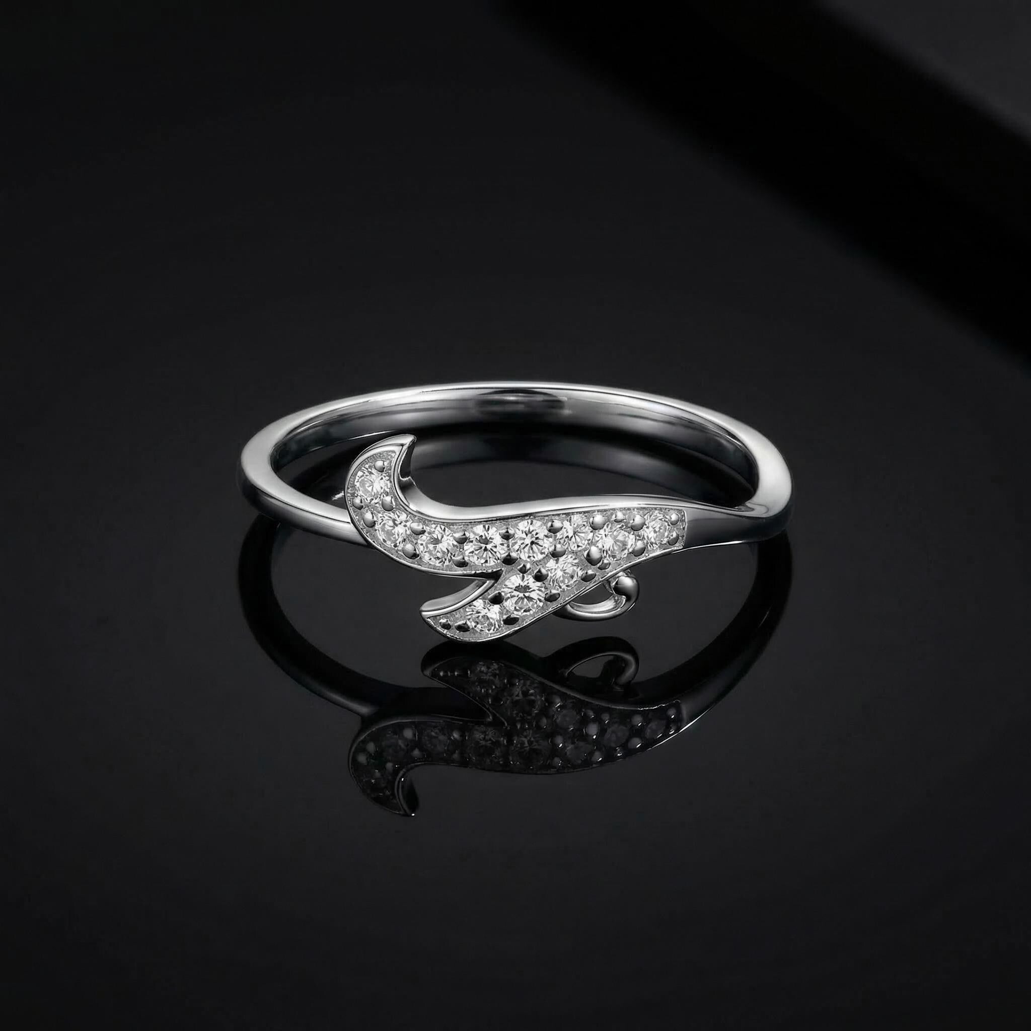Sterling Silver CZ Swoosh Ring, Pavé Curved Band, Boho Stacking Jewelry