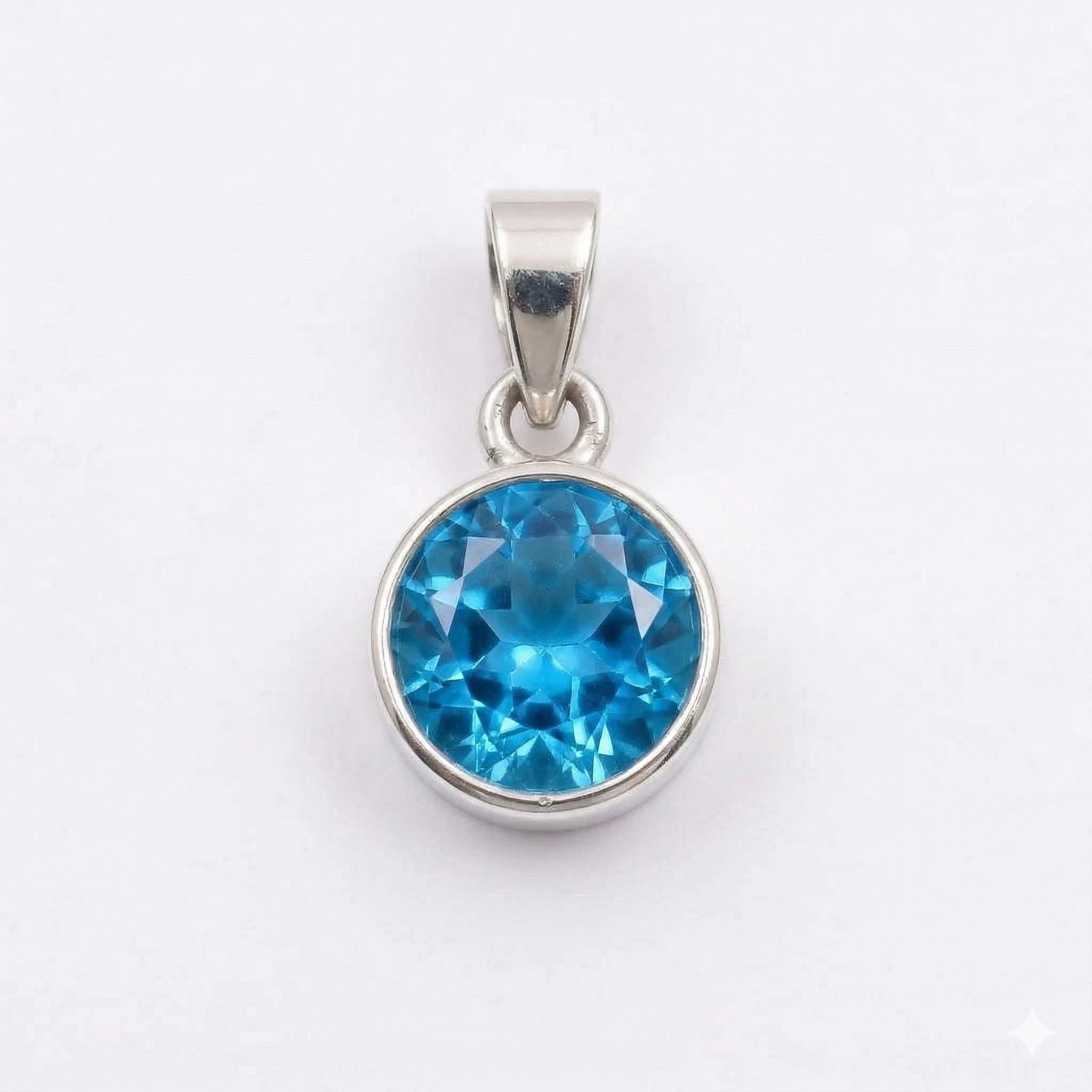 Sterling Silver Blue Topaz Pendant – Round Faceted December Birthstone Necklace