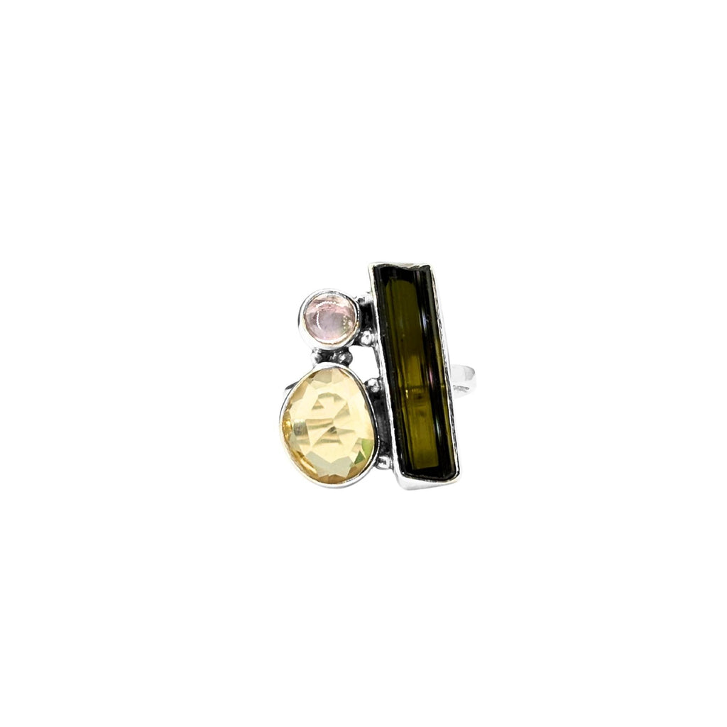 Green Tourmaline, Yellow Sapphire & Pink Tourmaline Sterling Silver Ring