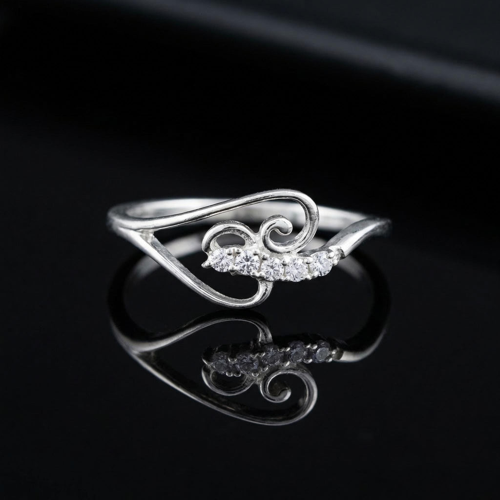 Silver CZ Swirl Leaf Ring, Minimalist Nature Inspired Open Band Jewelry
