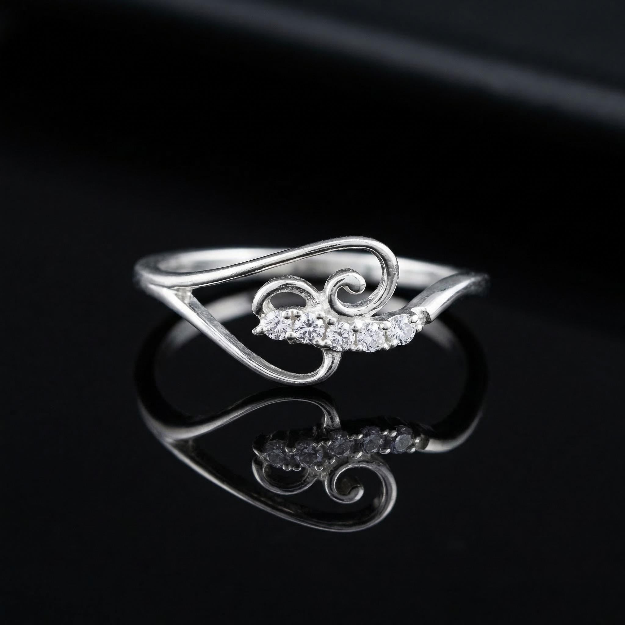 Silver CZ Swirl Leaf Ring, Minimalist Nature Inspired Open Band Jewelry