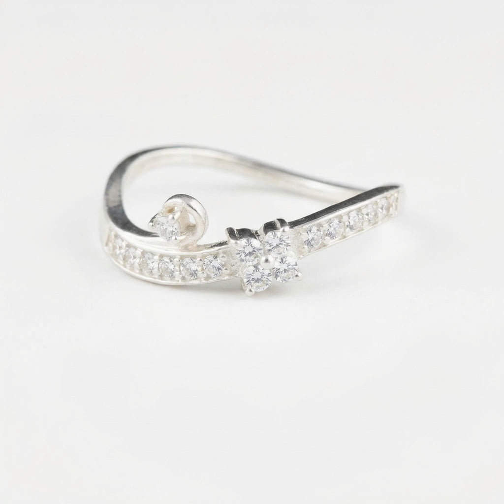 Sterling Silver Flower Wave Ring with CZ Accents – Boho Floral Promise Band