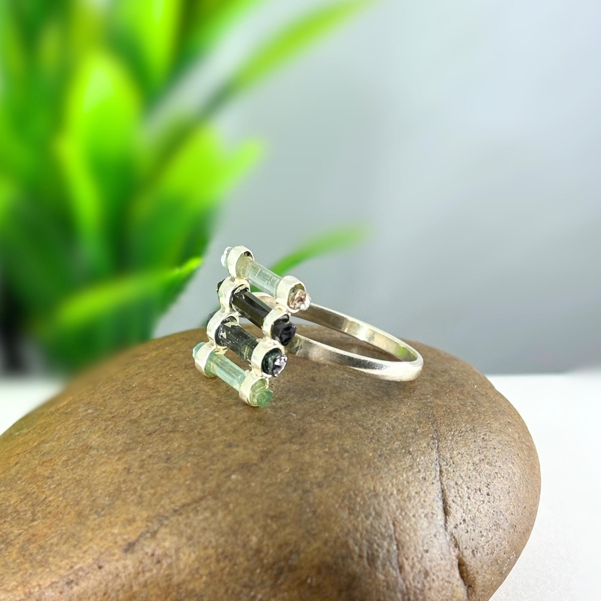 Raw Green Tourmaline Bar Ring: Sterling Silver October Birthstone