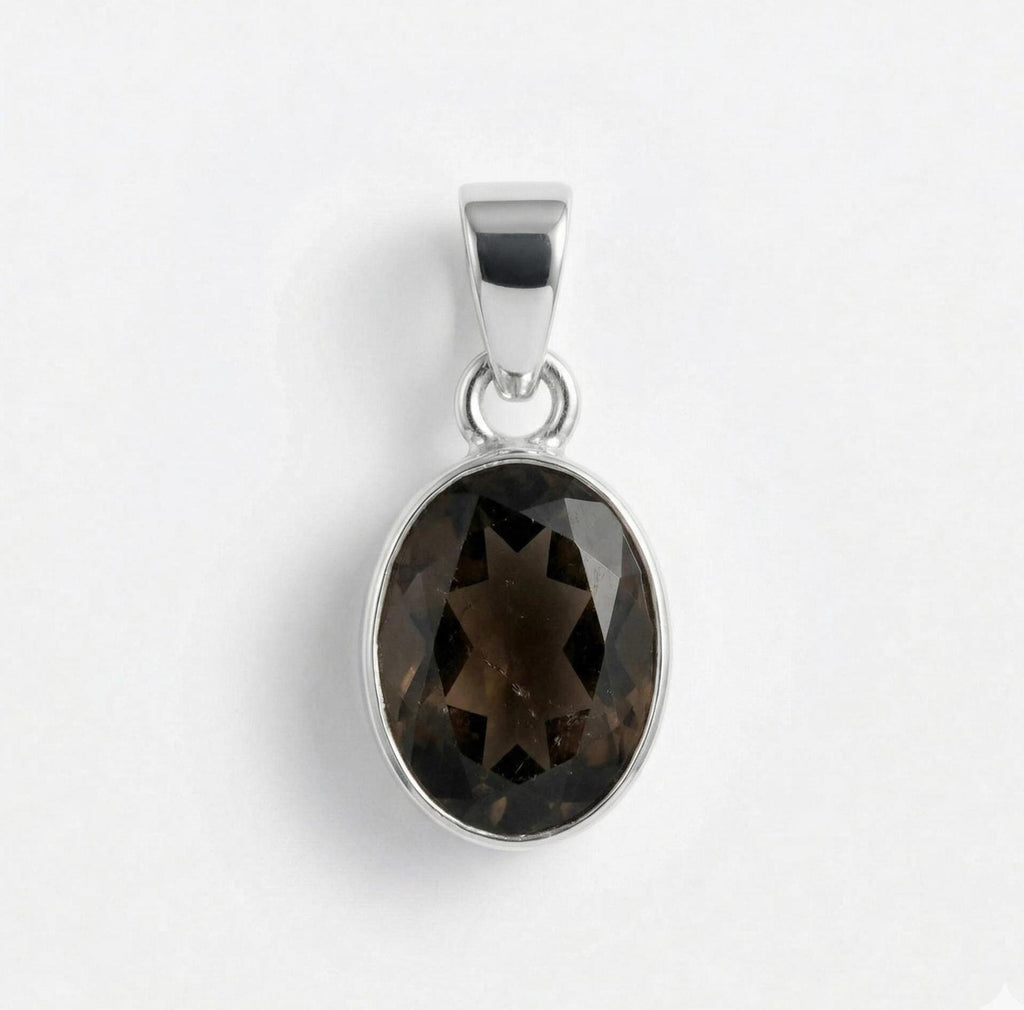 Natural Smoky Quartz Oval Sterling Silver Pendant - Grounding Gemstone Jewelry
