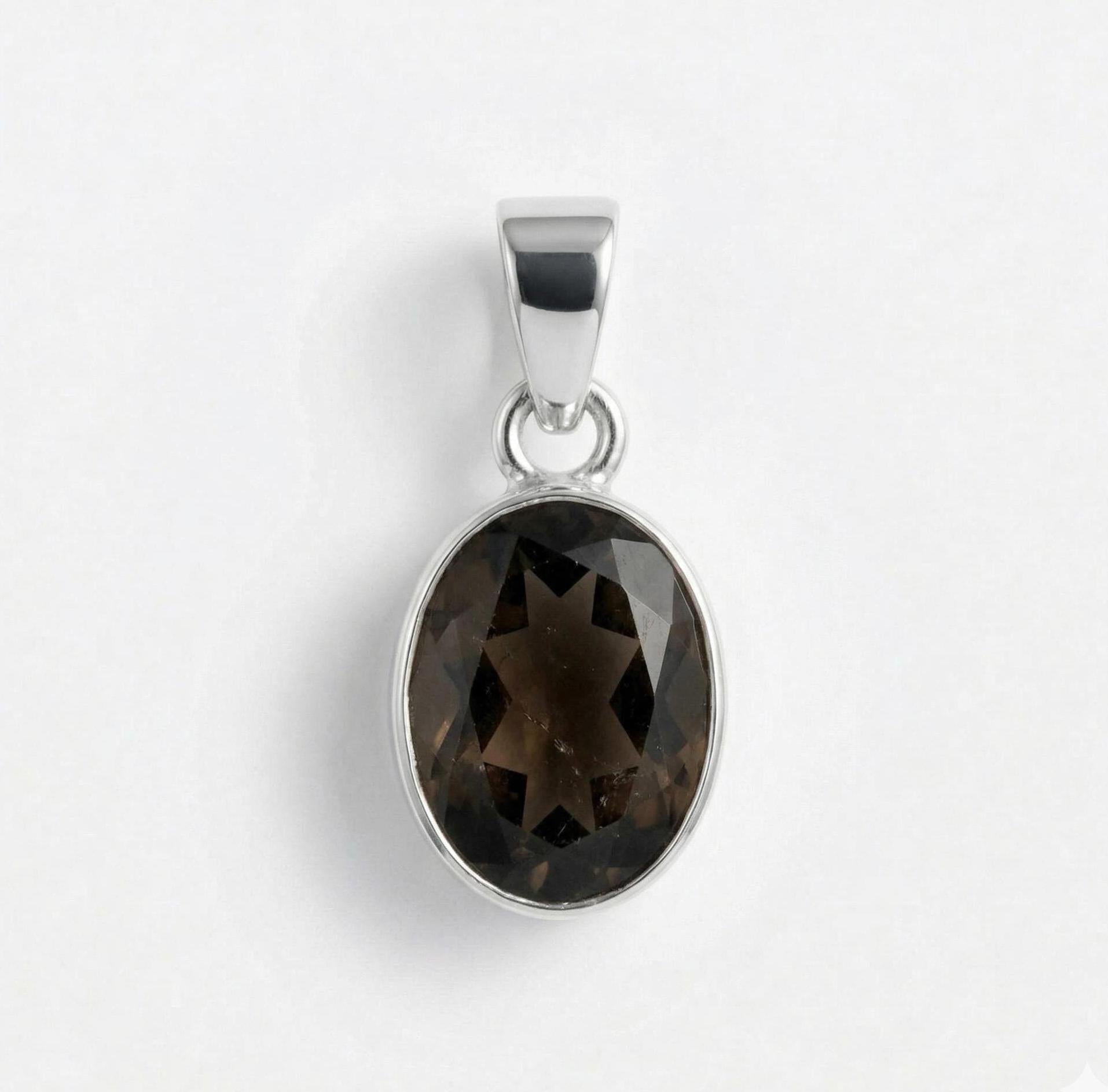 Natural Smoky Quartz Oval Sterling Silver Pendant - Grounding Gemstone Jewelry