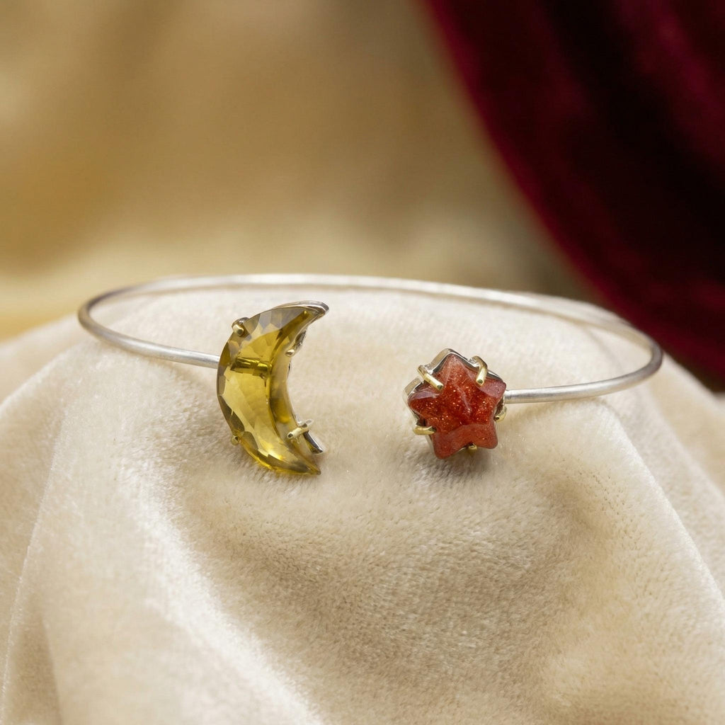 Lemon Topaz Sunstone Moon Star Bracelet | Sterling Silver Celestial Cuff Bangle