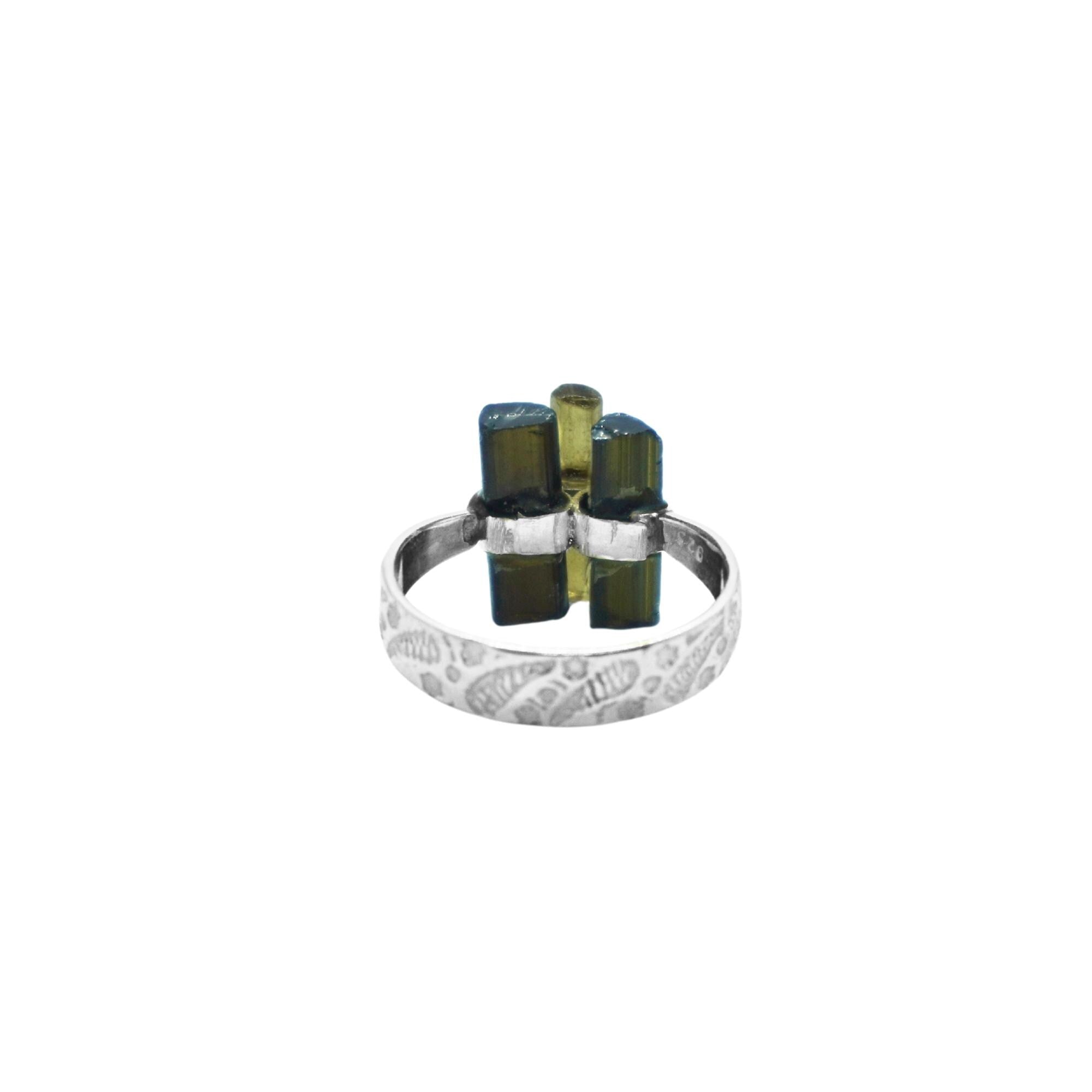 Raw Green Tourmaline Cluster Ring: Sterling Silver Boho Statement Jewelry
