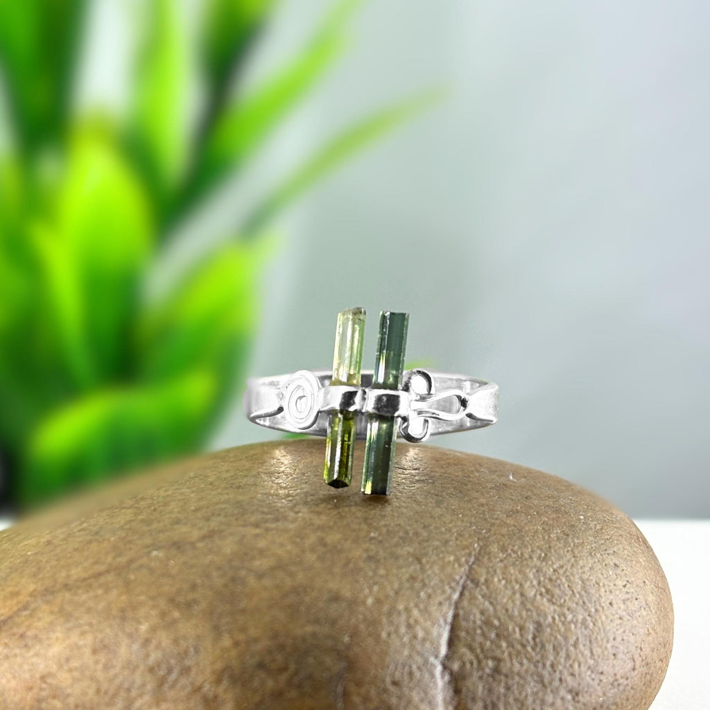 Raw Tourmaline Bar Ring: Adjustable Sterling Silver Stick Ring