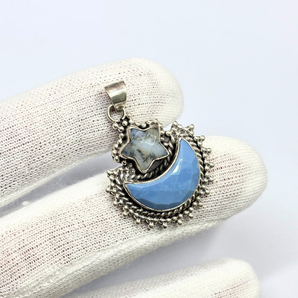 Blue Opal Moon & Dendritic Agate Star Pendant: Sterling Silver Celestial Charm