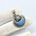 Blue Opal Moon & Dendritic Agate Star Pendant: Sterling Silver Celestial Charm