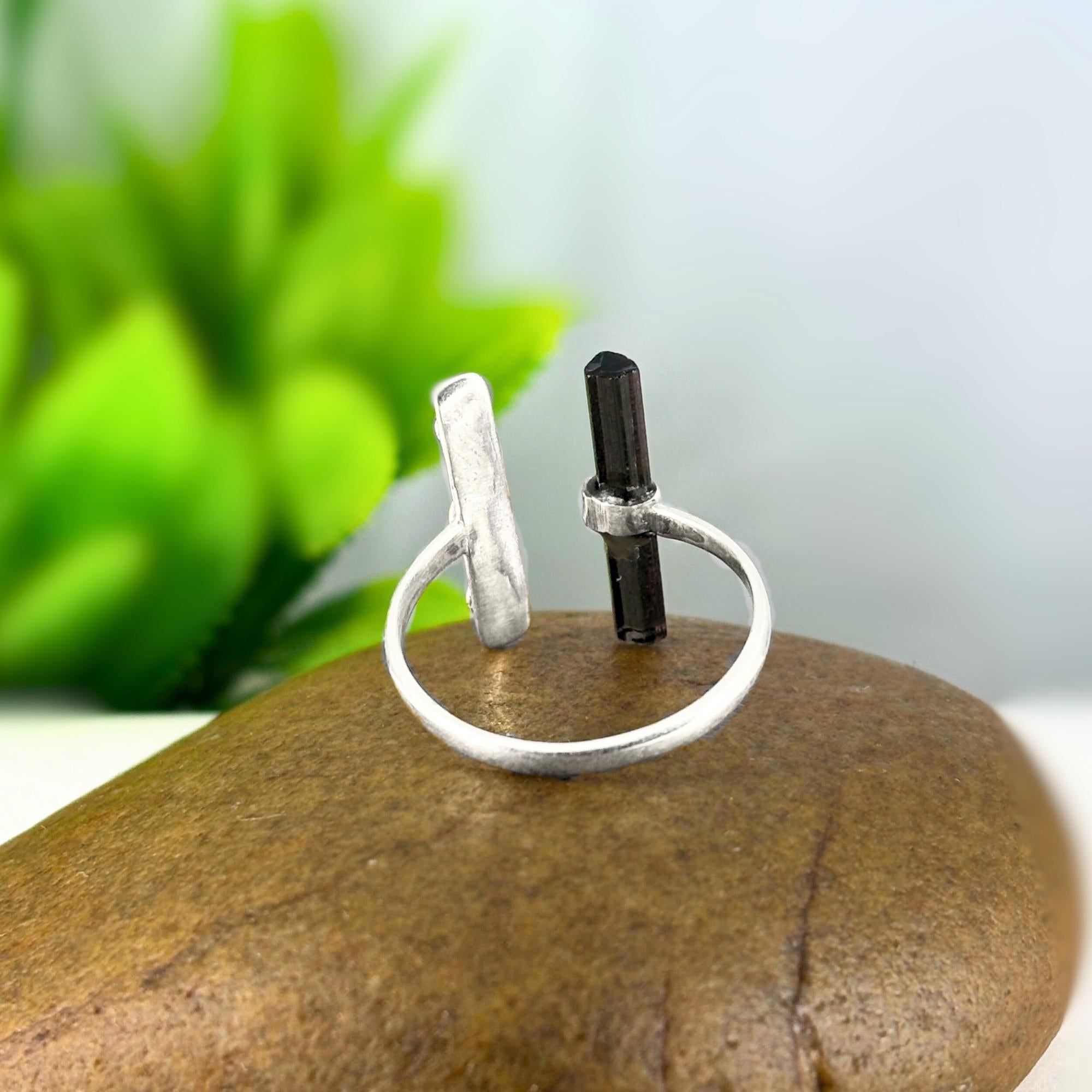 Raw Black Tourmaline Ring: Adjustable Sterling Silver Boho Jewelry