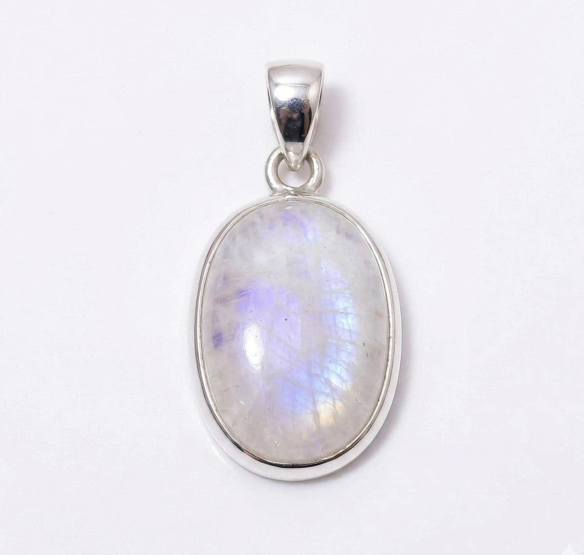 Oval Rainbow Moonstone Pendant – Sterling Silver Boho Gemstone Necklace