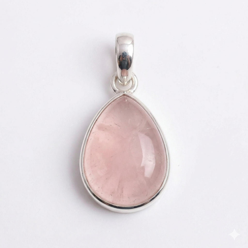 Natural Rose Quartz Pear Sterling Silver Pendant - Heart Healing Gemstone