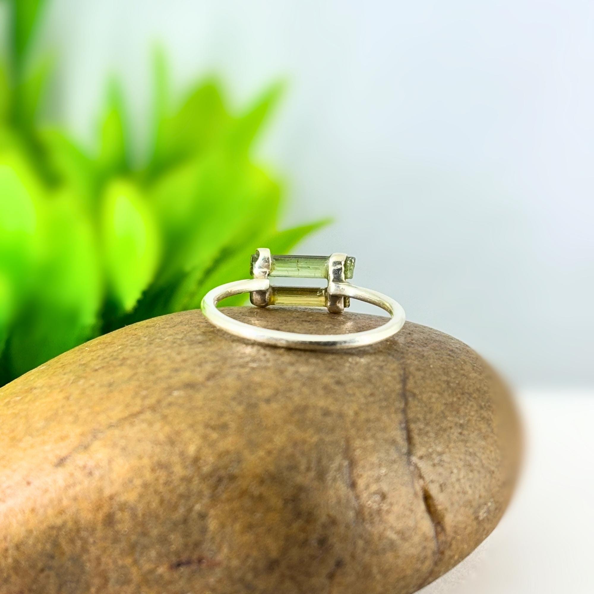 Raw Multi-Tourmaline Bar Sterling Silver Ring | Handmade Gemstone Stacking Ring | Minimalist Open Band Jewelry