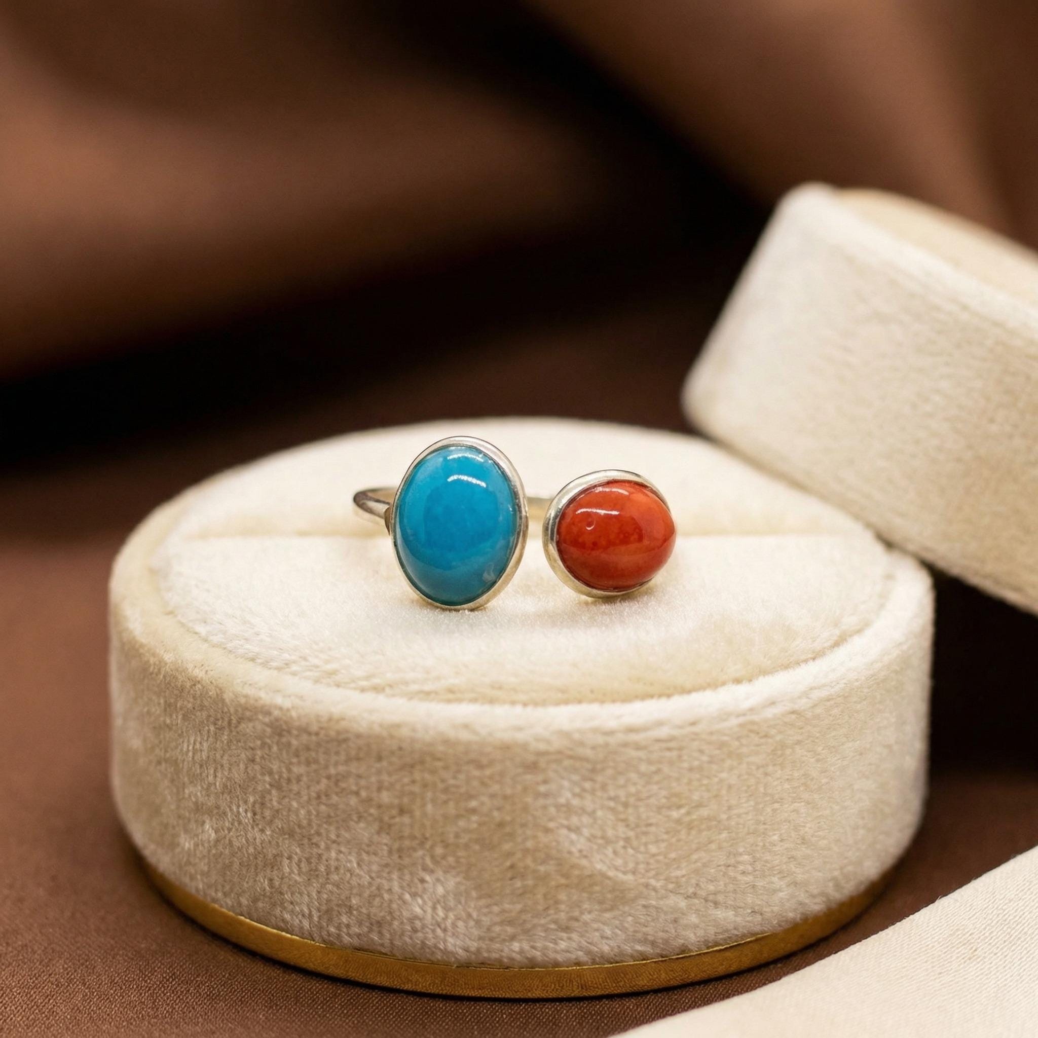 Natural Turquoise & Coral Ring | 925 Sterling Silver | Boho Gemstone Band | Handmade Ring Jaipur