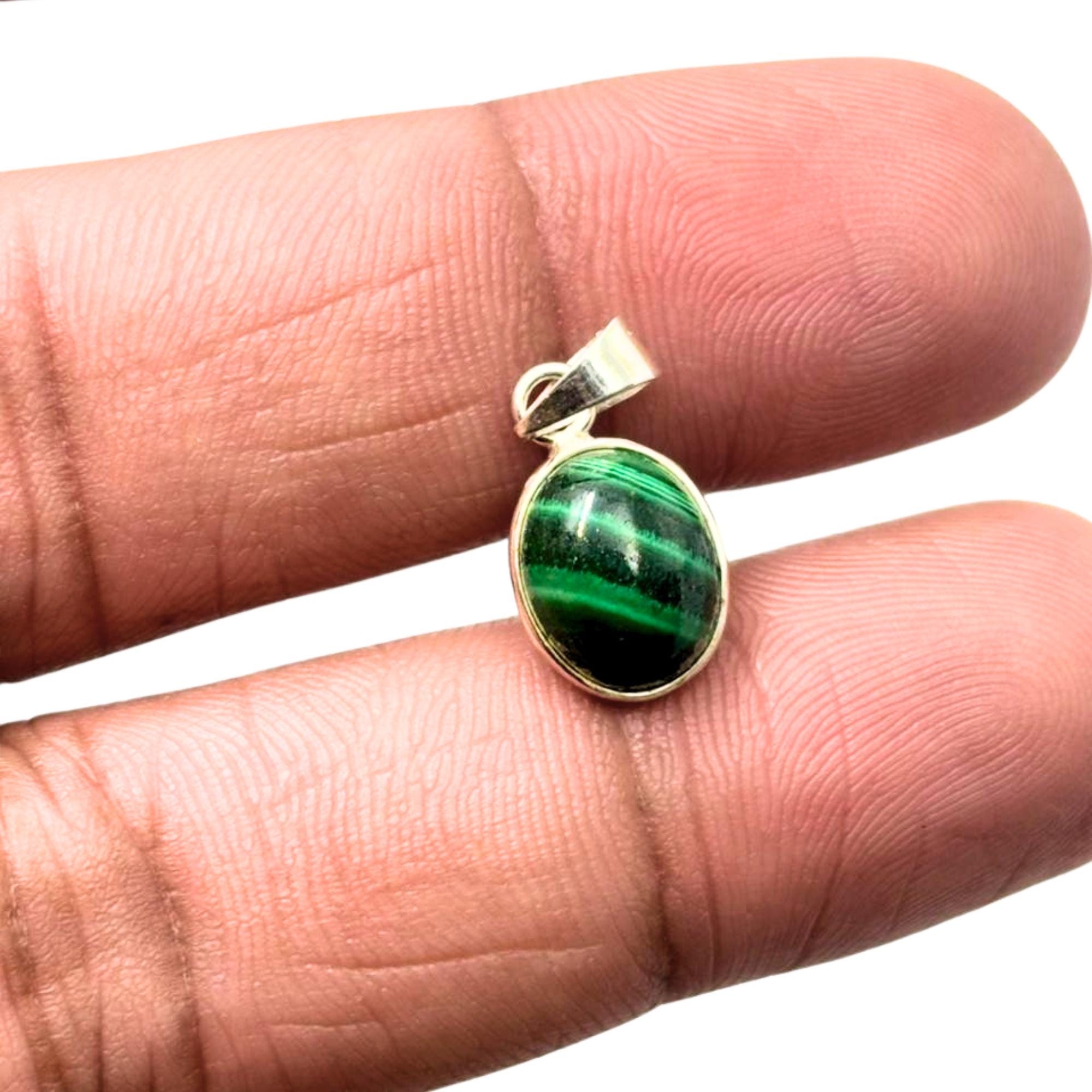 Malachite Pendant Necklace - Oval Green Gemstone, Sterling Silver Charm