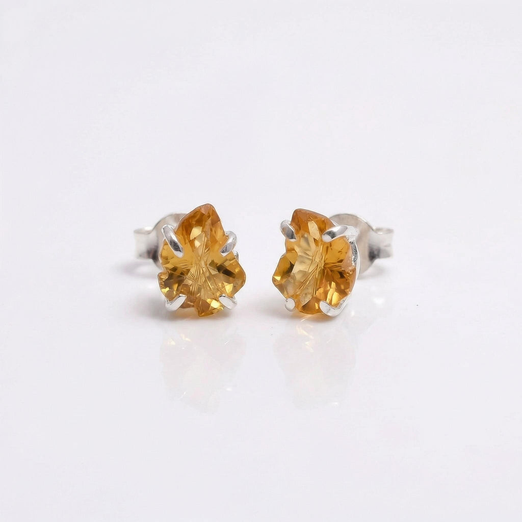 Leaf Cut Citrine Stud Earrings 925 Sterling Silver - November Birthstone Dainty Nature Design