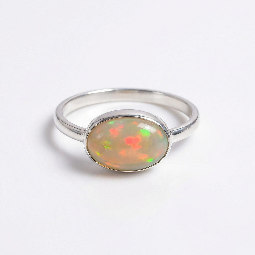 Opal Oval Ring – 925 Sterling Silver, Natural Opal Cabochon, Handmade Statement Jewelry