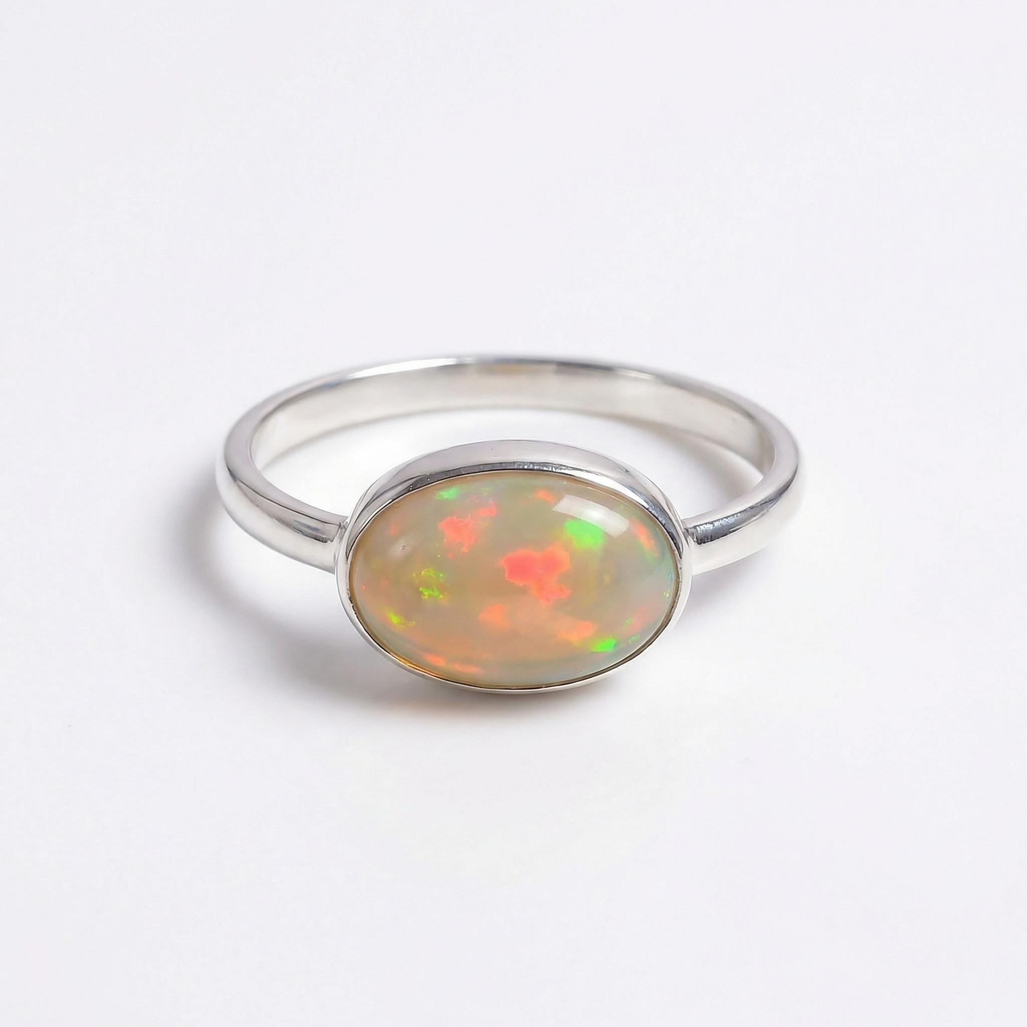 Opal Oval Ring – 925 Sterling Silver, Natural Opal Cabochon, Handmade Statement Jewelry