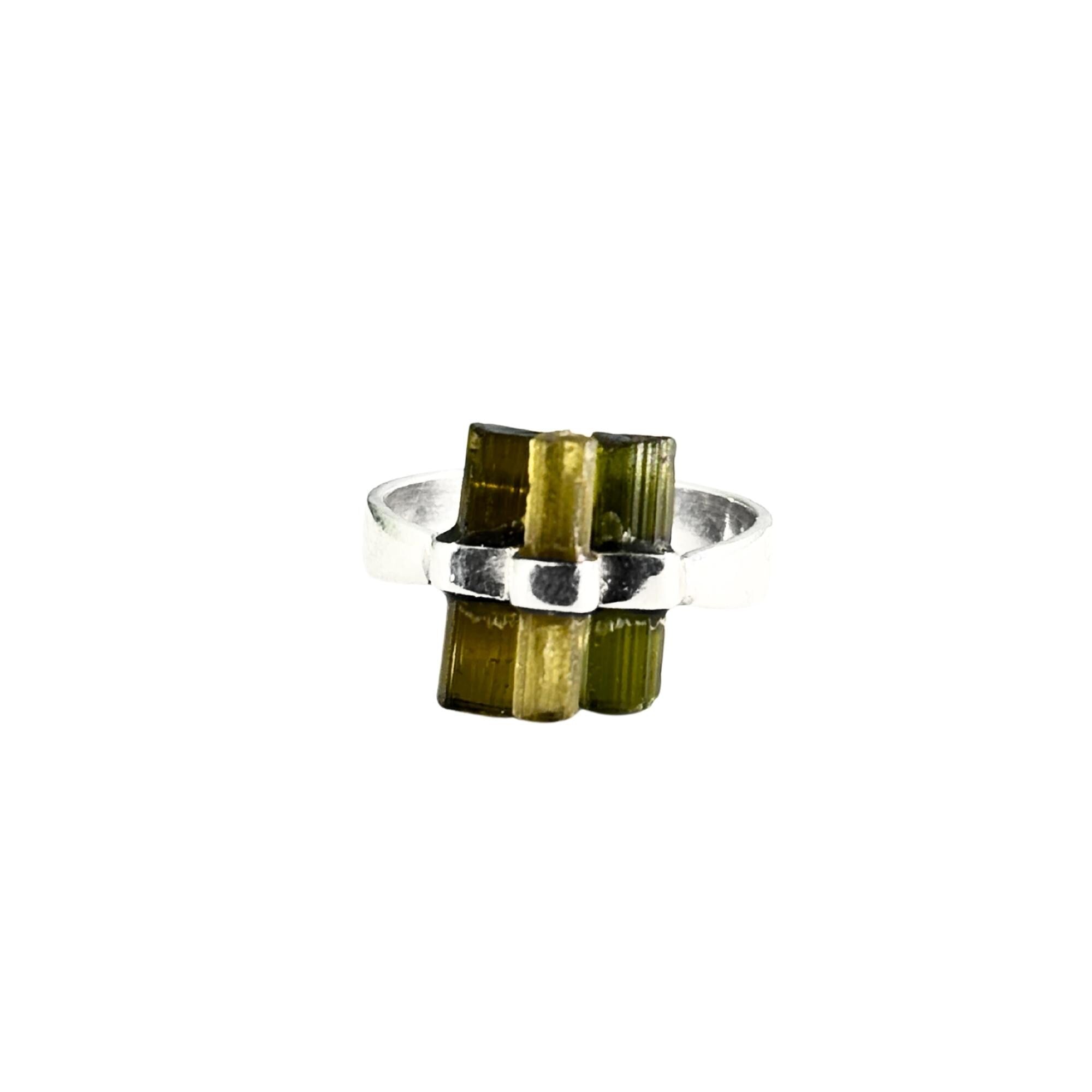 Raw Green Tourmaline Cluster Ring: Sterling Silver Boho Statement Jewelry
