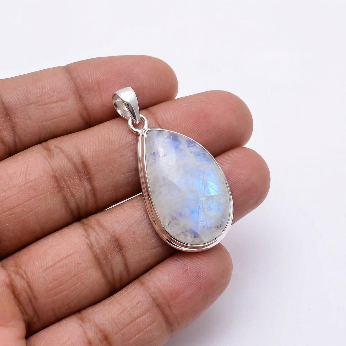 Teardrop Moonstone Pendant – 925 Sterling Silver, Minimalist Boho Gemstone Necklace