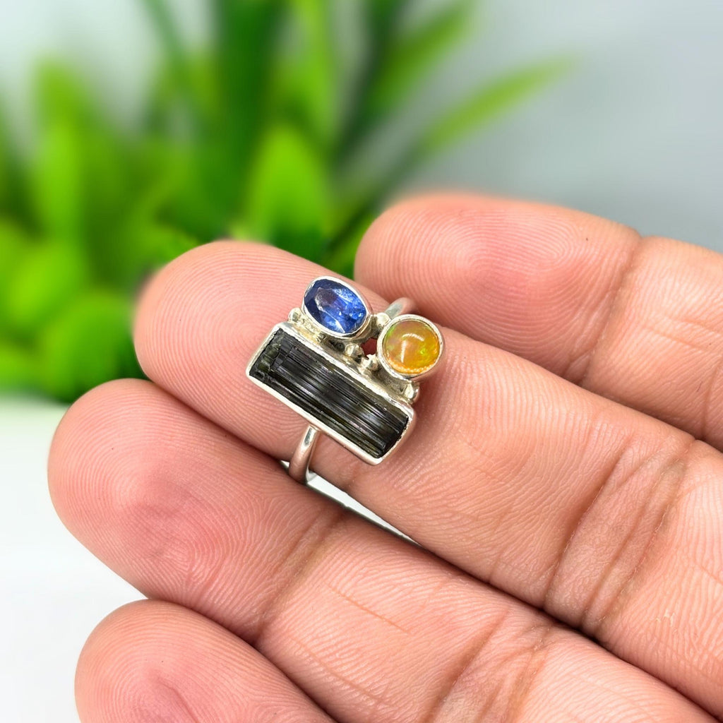 Raw Tourmaline, Opal & Sapphire Ring: Sterling Silver Handmade Jewelry