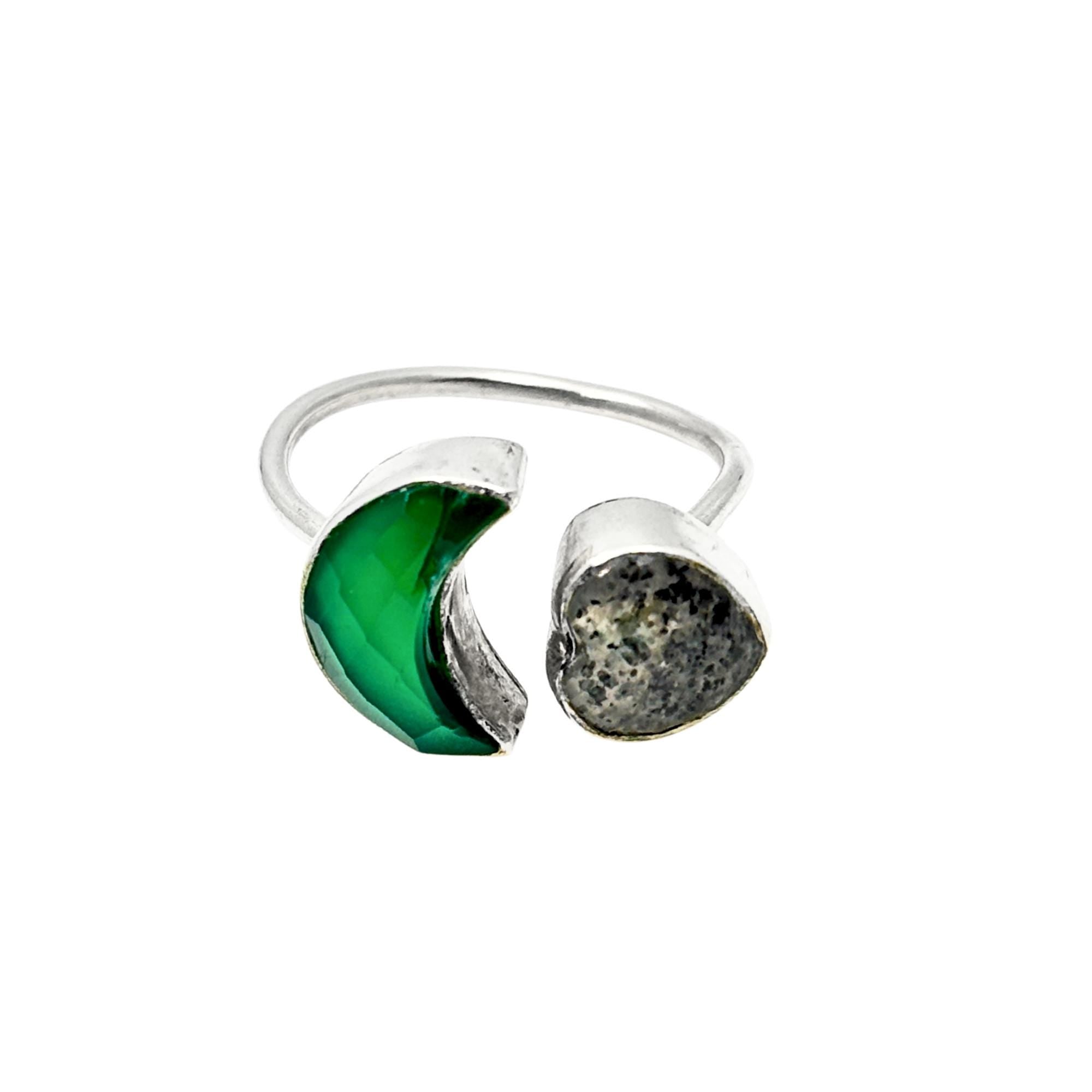 Sterling Silver Green Onyx Moon & Heart Ring: Adjustable Gemstone Band