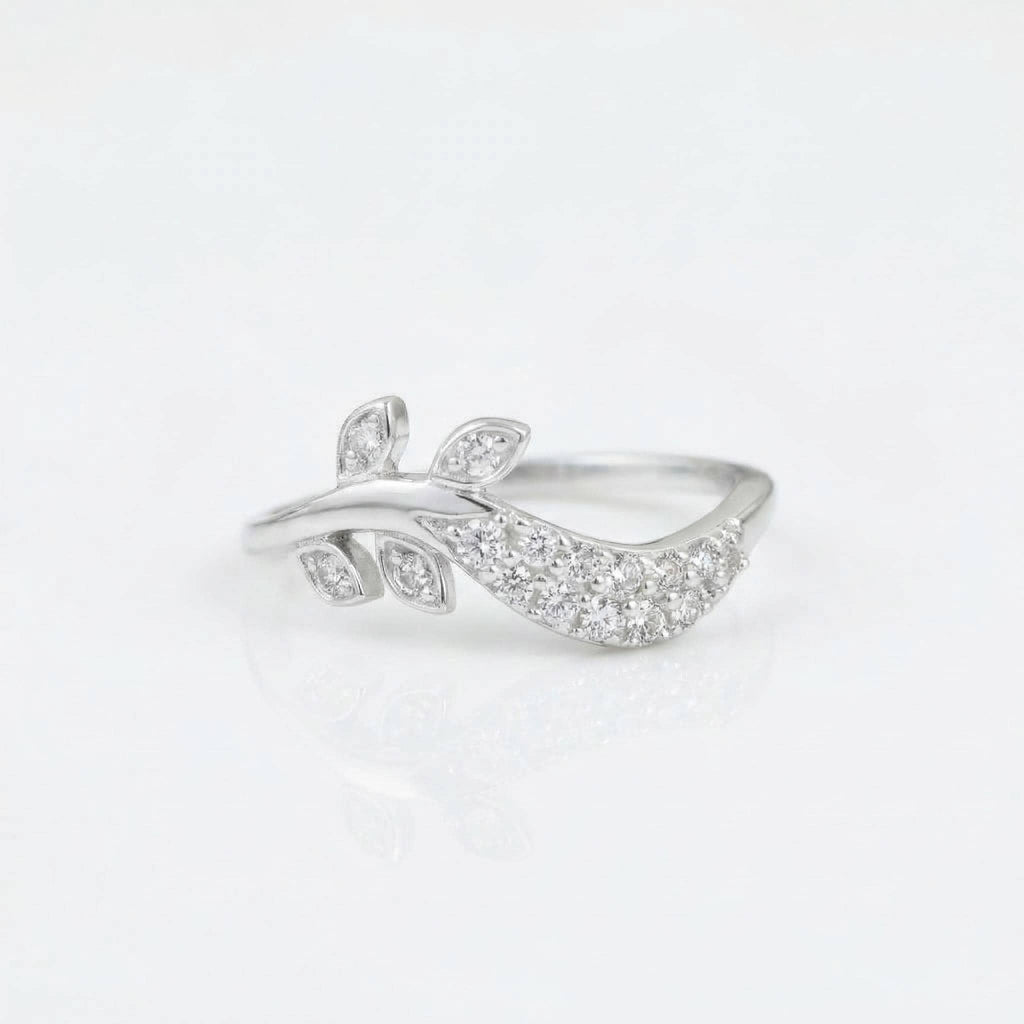 Sterling Silver CZ Leaf Branch Ring, Pavé Nature Vine Band, Botanical Stacking Jewelry