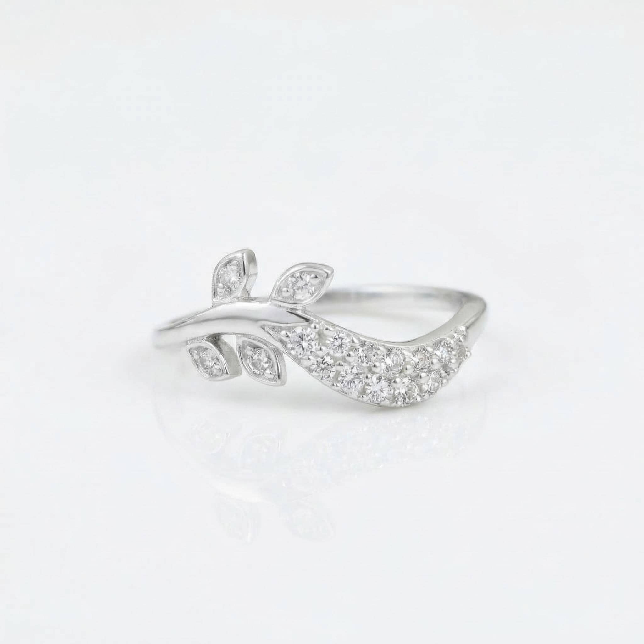 Sterling Silver CZ Leaf Branch Ring, Pavé Nature Vine Band, Botanical Stacking Jewelry