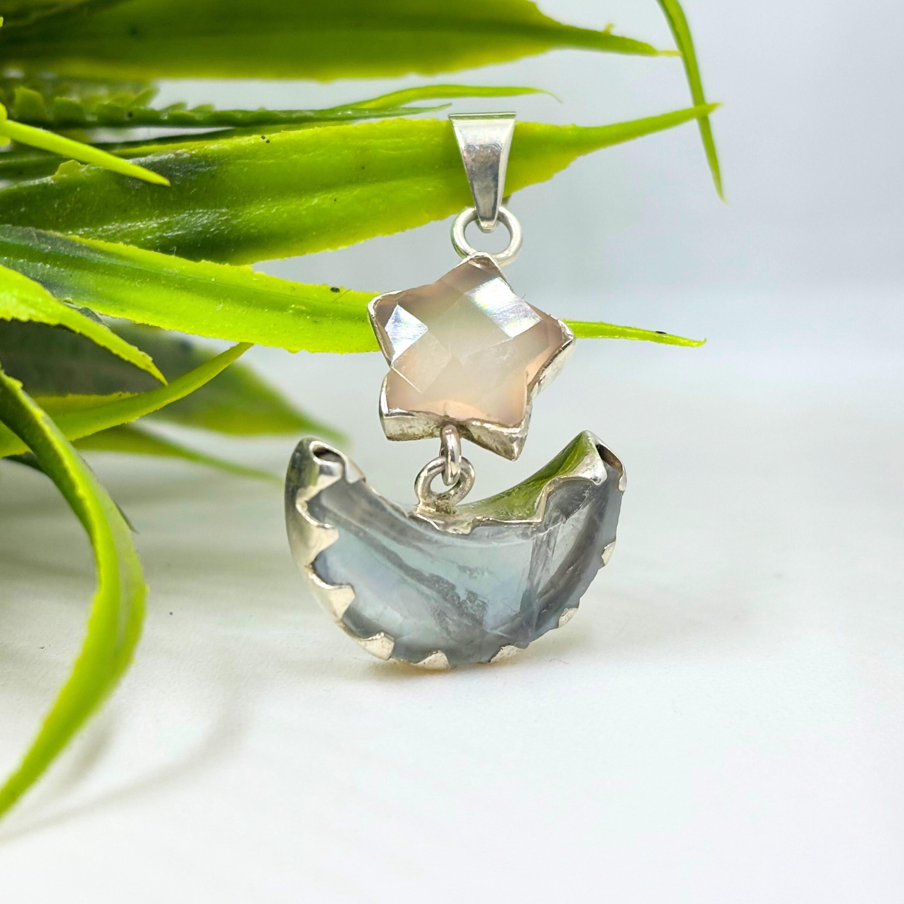 Rose Quartz Star and Fluorite Moon Pendant in 925 Sterling Silver – Celestial Gemstone Necklace, Boho Moon and Star Jewelry Gift for Her