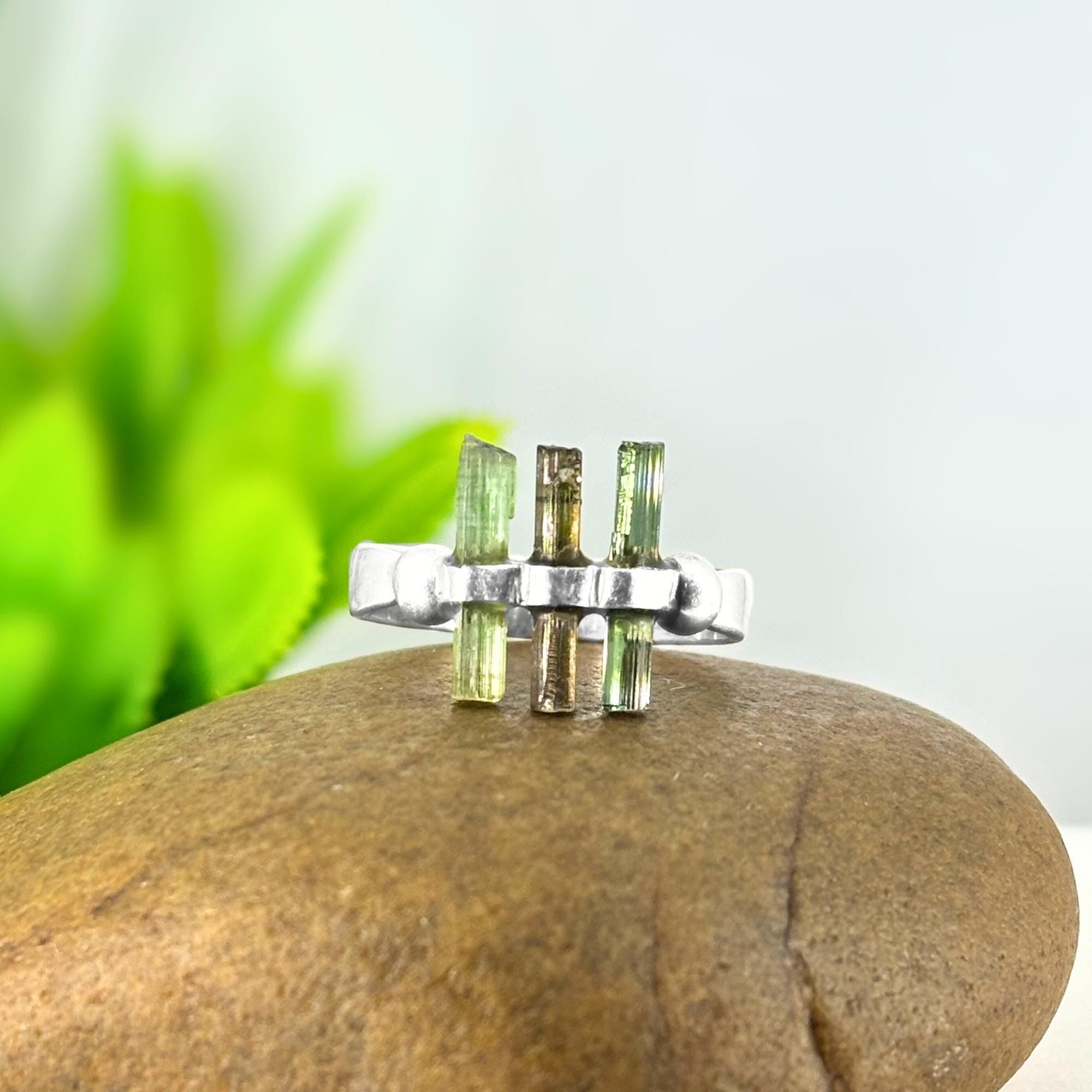 Raw Green Tourmaline Bar Ring: Sterling Silver Minimalist Stacking Ring
