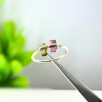 Watermelon Tourmaline Bar Sterling Silver Ring | Raw Gemstone Stacking Ring | Handmade Minimalist Statement Jewelry