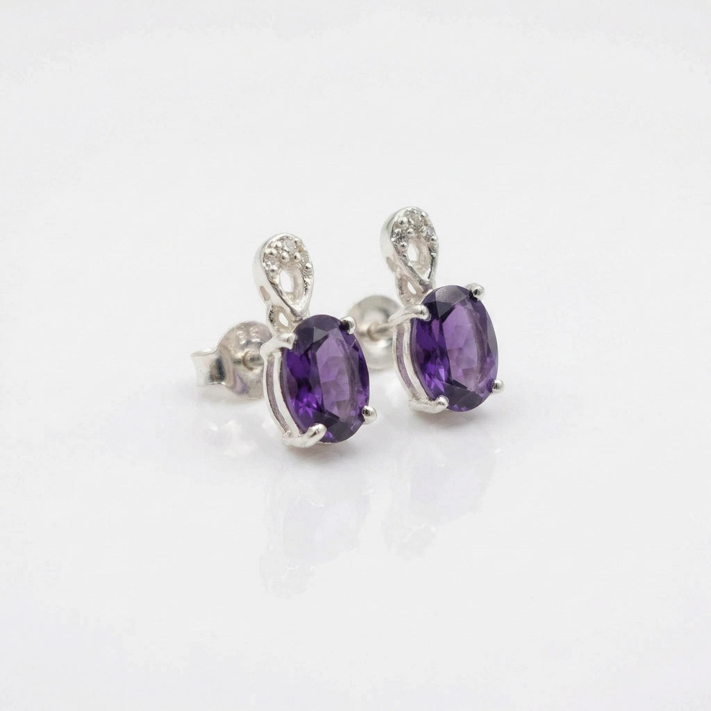 Amethyst CZ Stud Earrings 925 Sterling Silver | Oval Gemstone Studs | February Birthstone | Handmade Jewelry