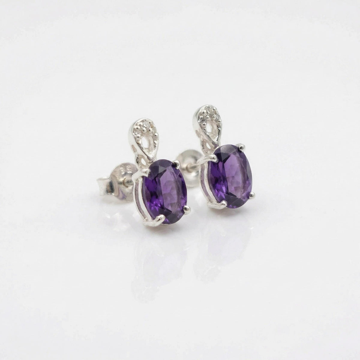 Amethyst CZ Stud Earrings 925 Sterling Silver | Oval Gemstone Studs | February Birthstone | Handmade Jewelry