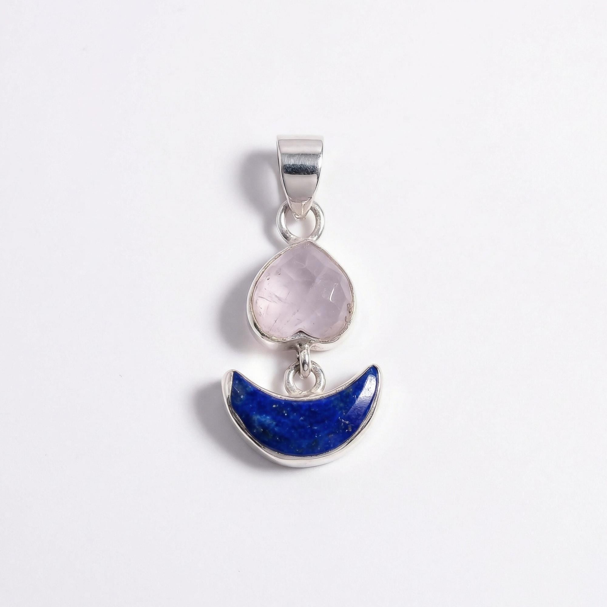 Heart & Lapis Lazuli Moon Pendant: Sterling Silver Celestial Charm