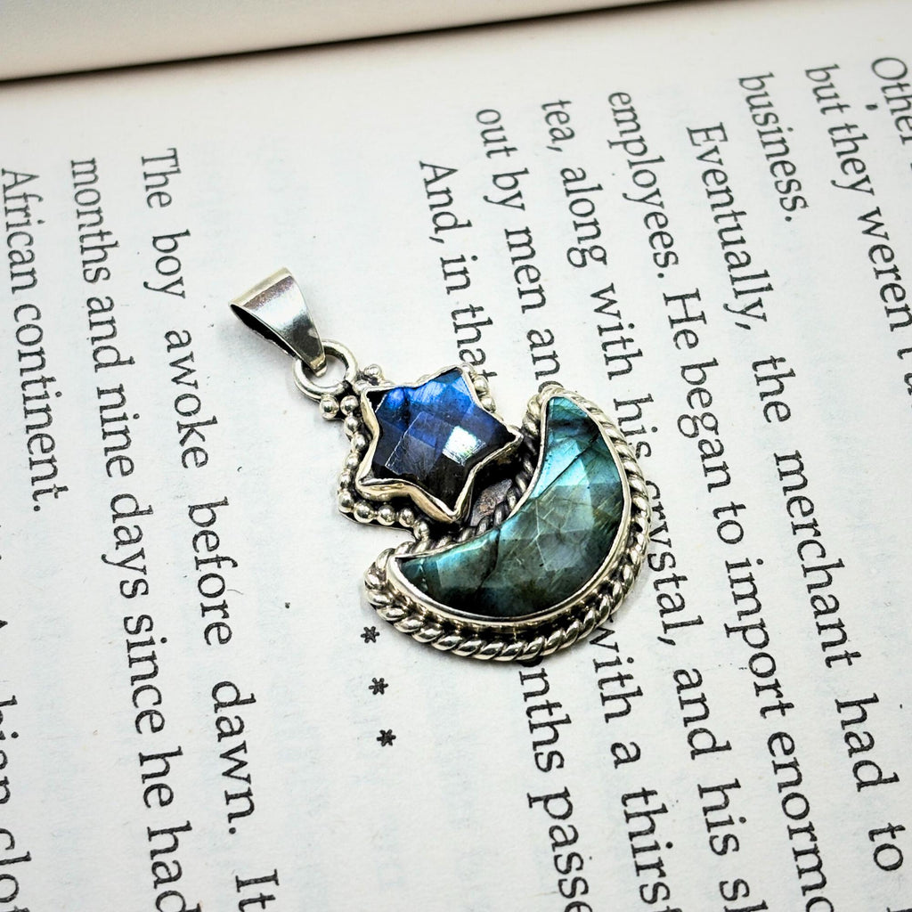 Labradorite Star and Moon Pendant: Sterling Silver Celestial Necklace