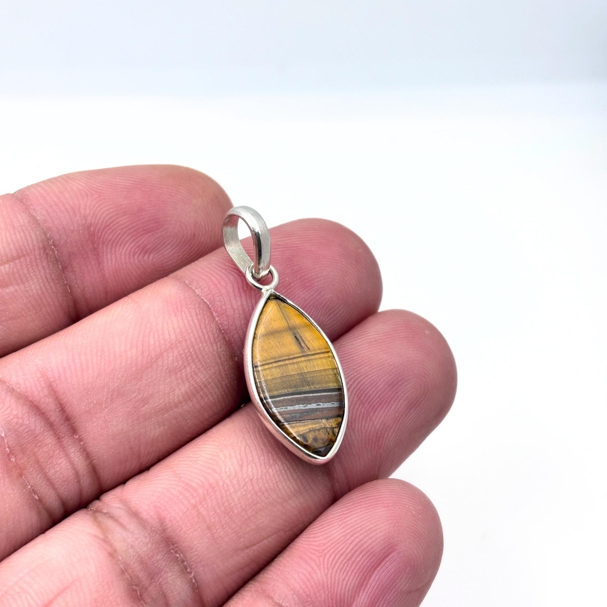 Tiger Eye Pendant Necklace, 925 Sterling Silver Boho Protection Amulet, Healing Crystal Jewelry Gift for Her
