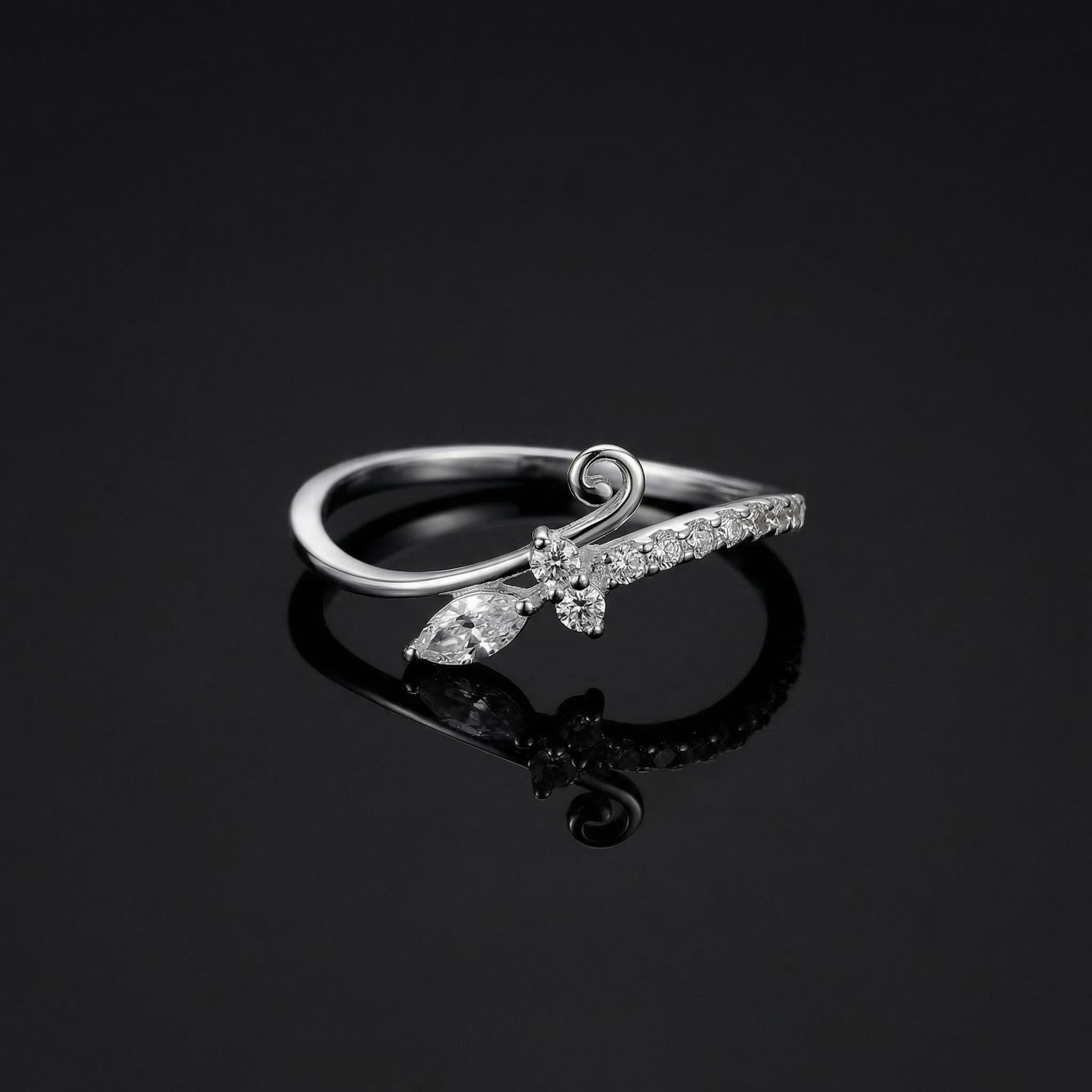 Silver Leaf Ring, Marquise CZ Vine, Minimalist Nature Jewelry