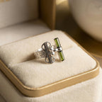 Raw Green Tourmaline Bar Ring: Adjustable Sterling Silver Boho Jewelry