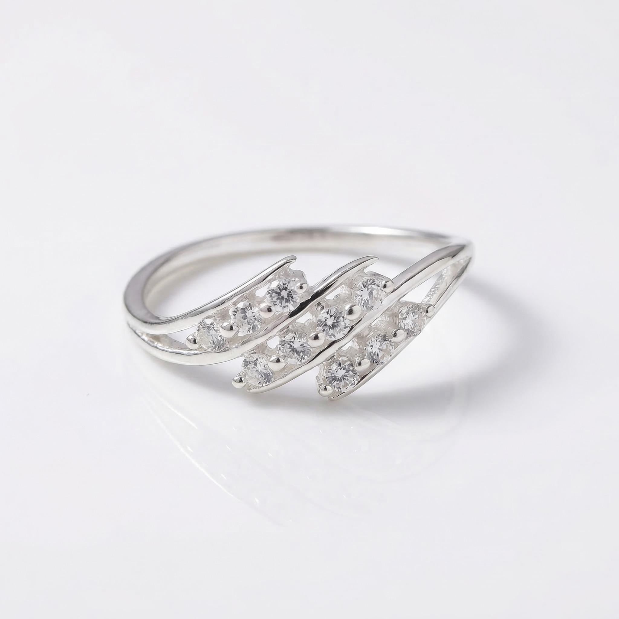 Silver CZ Wrap Ring, Minimalist Open Design, Multi-Stone Sparkle, Elegant Women's Jewelry