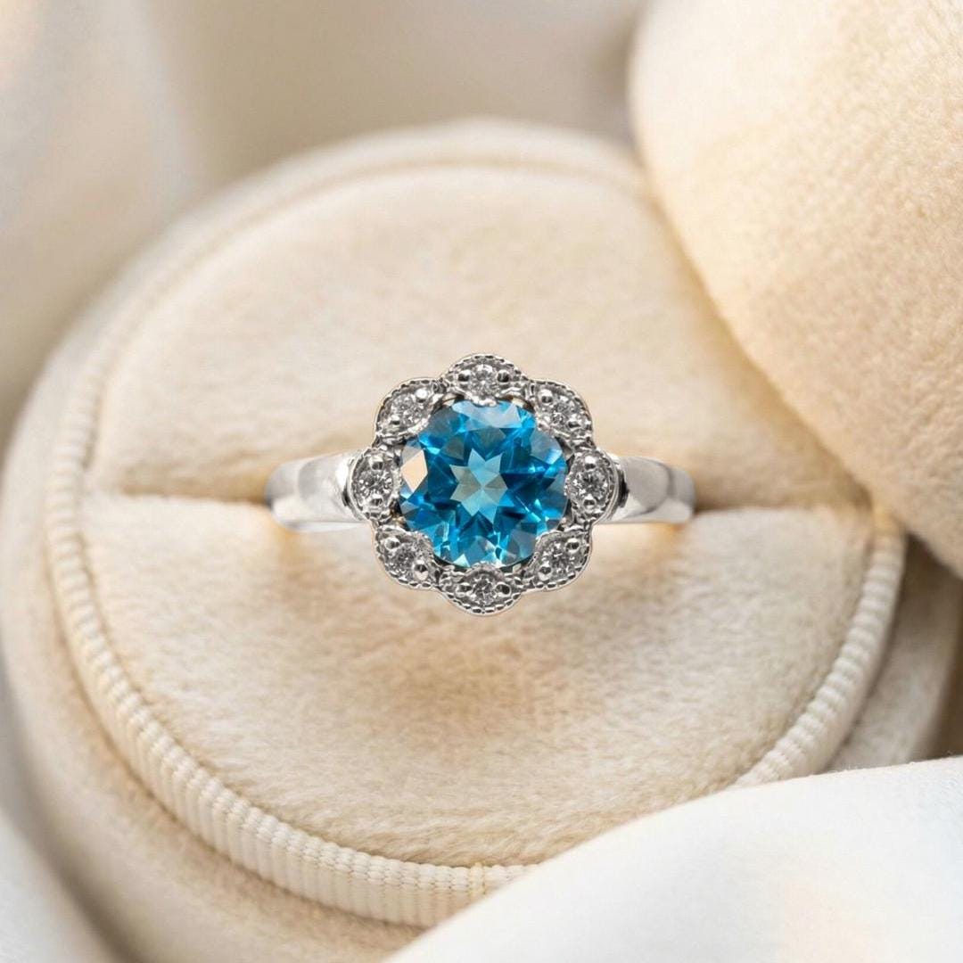 Natural Topaz & CZ Ring | 925 Sterling Silver | Floral Gemstone Band | Handmade Jaipur