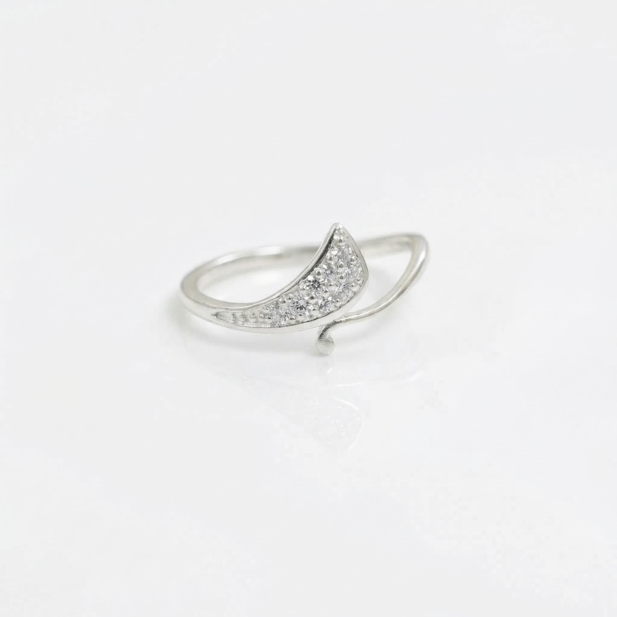 Sterling Silver CZ Fin Ring, Pavé Crescent Bypass Band, Boho Stacker Jewelry