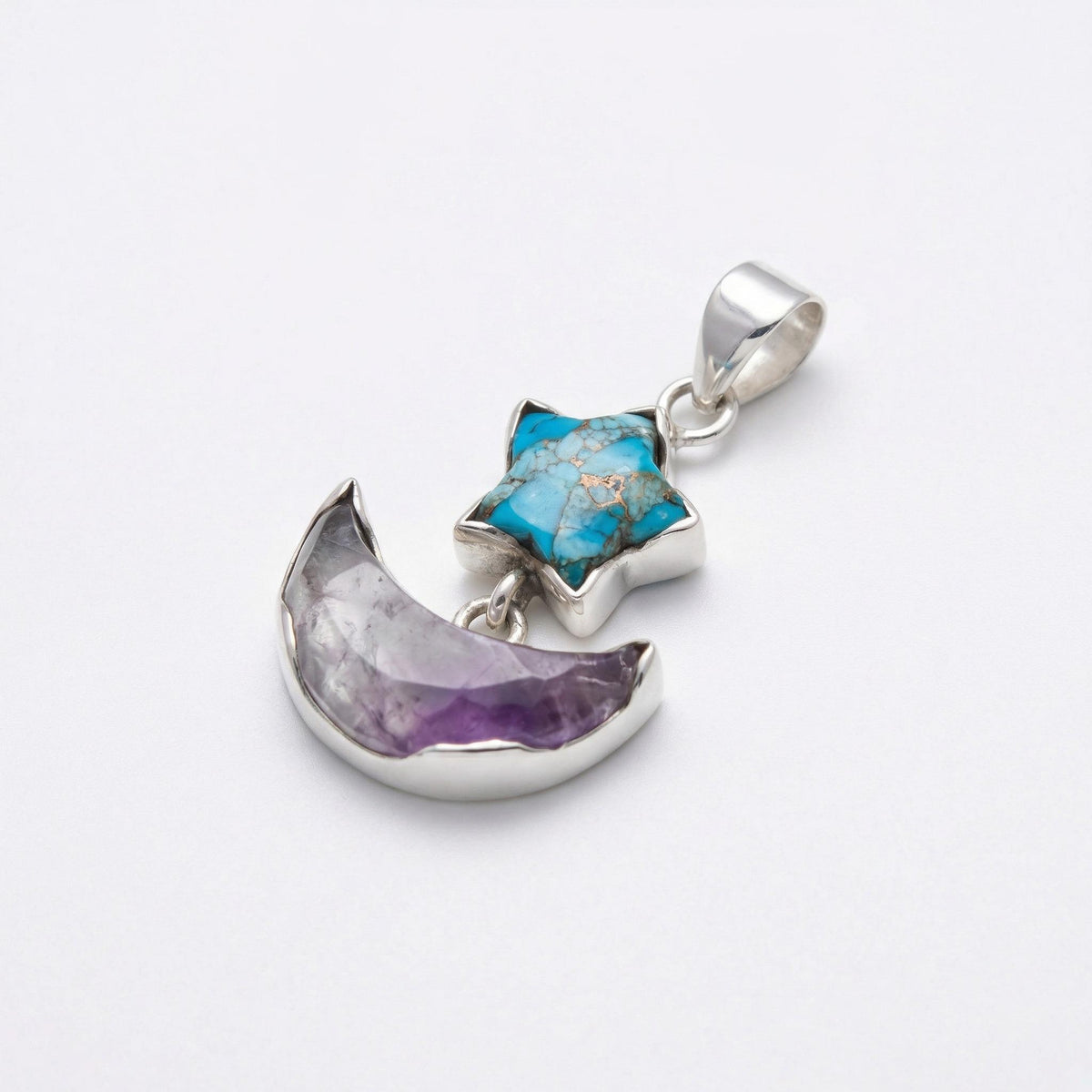 Turquoise Star & Amethyst Moon Pendant: Sterling Silver Celestial Charm