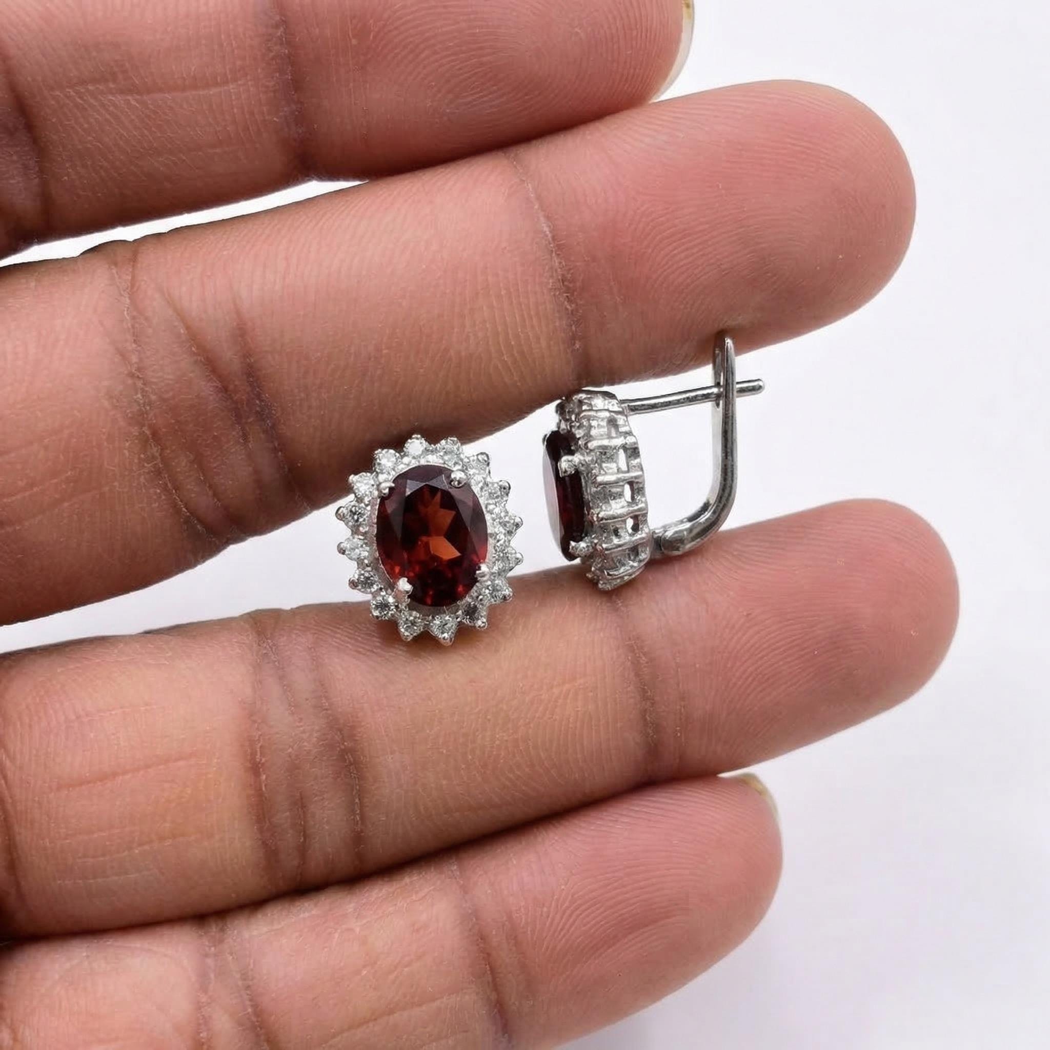 Garnet CZ Stud Earrings 925 Sterling Silver | Oval Gemstone Studs | January Birthstone | Handmade Jewelry