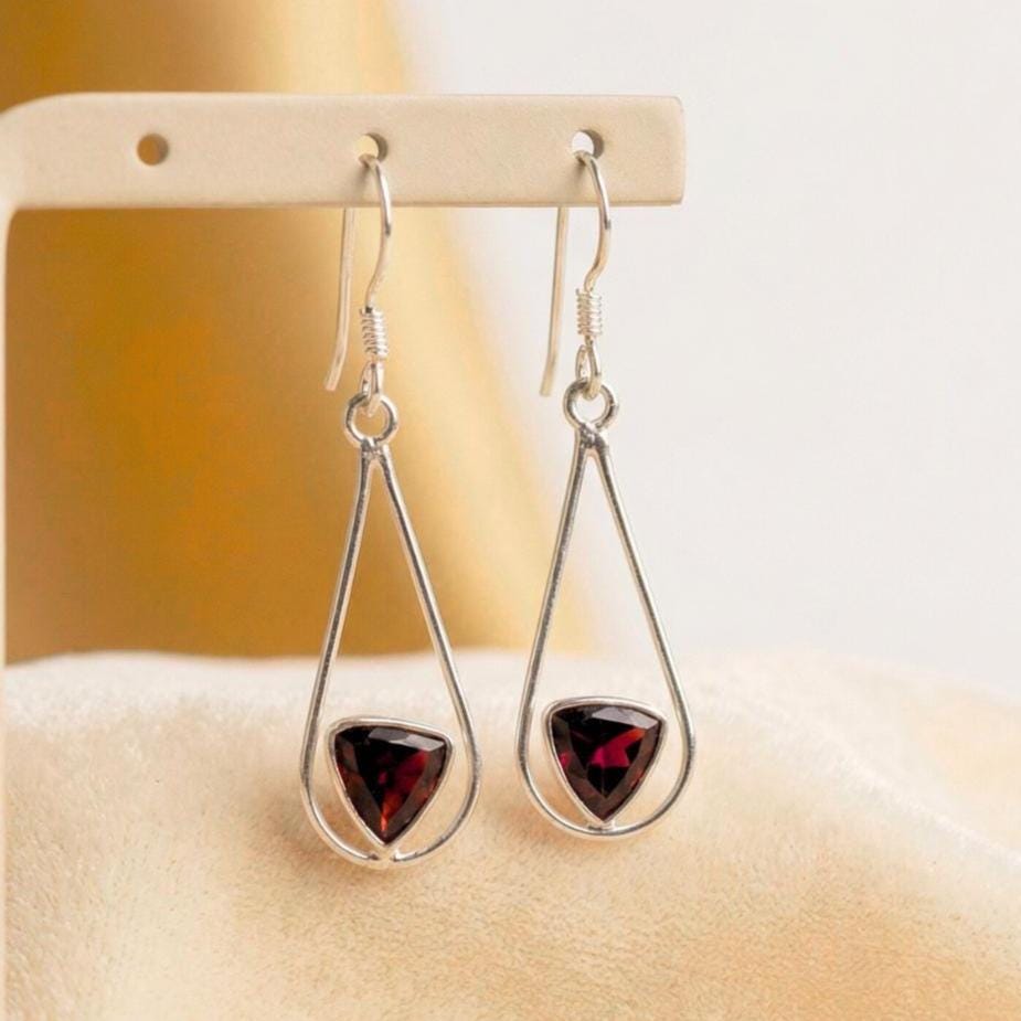 Garnet Drop Earrings 925 Sterling Silver | Trillion Gemstone Dangle | January Birthstone | Handmade Jewelry