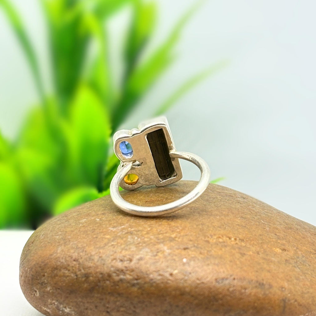 Raw Tourmaline, Opal & Sapphire Ring: Sterling Silver Handmade Jewelry