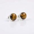 Round Tiger Eye Stud Earrings 925 Sterling Silver - Natural Golden Brown Cabochon Studs
