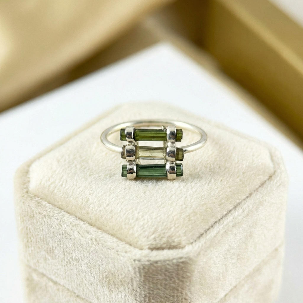 Raw Green Tourmaline Sterling Silver Ring: Handmade Open Band Jewelry