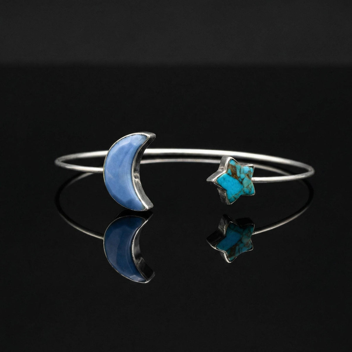 Blue Opal Turquoise Moon Star Bracelet | Sterling Silver Celestial Boho Cuff Bangle