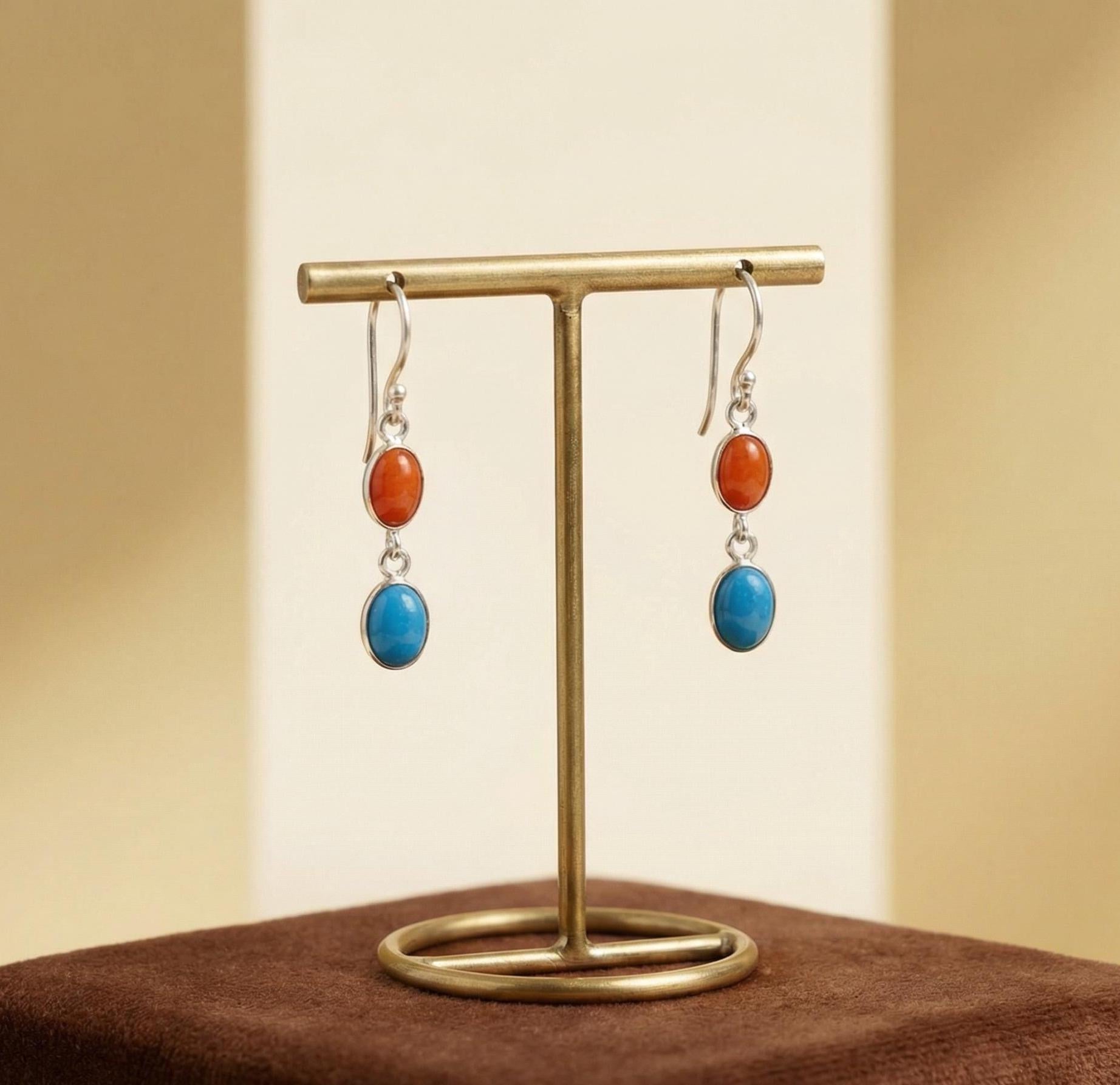 Red Coral Turquoise Oval Drop Earrings | 925 Sterling Silver Dangle Gemstone Jewelry